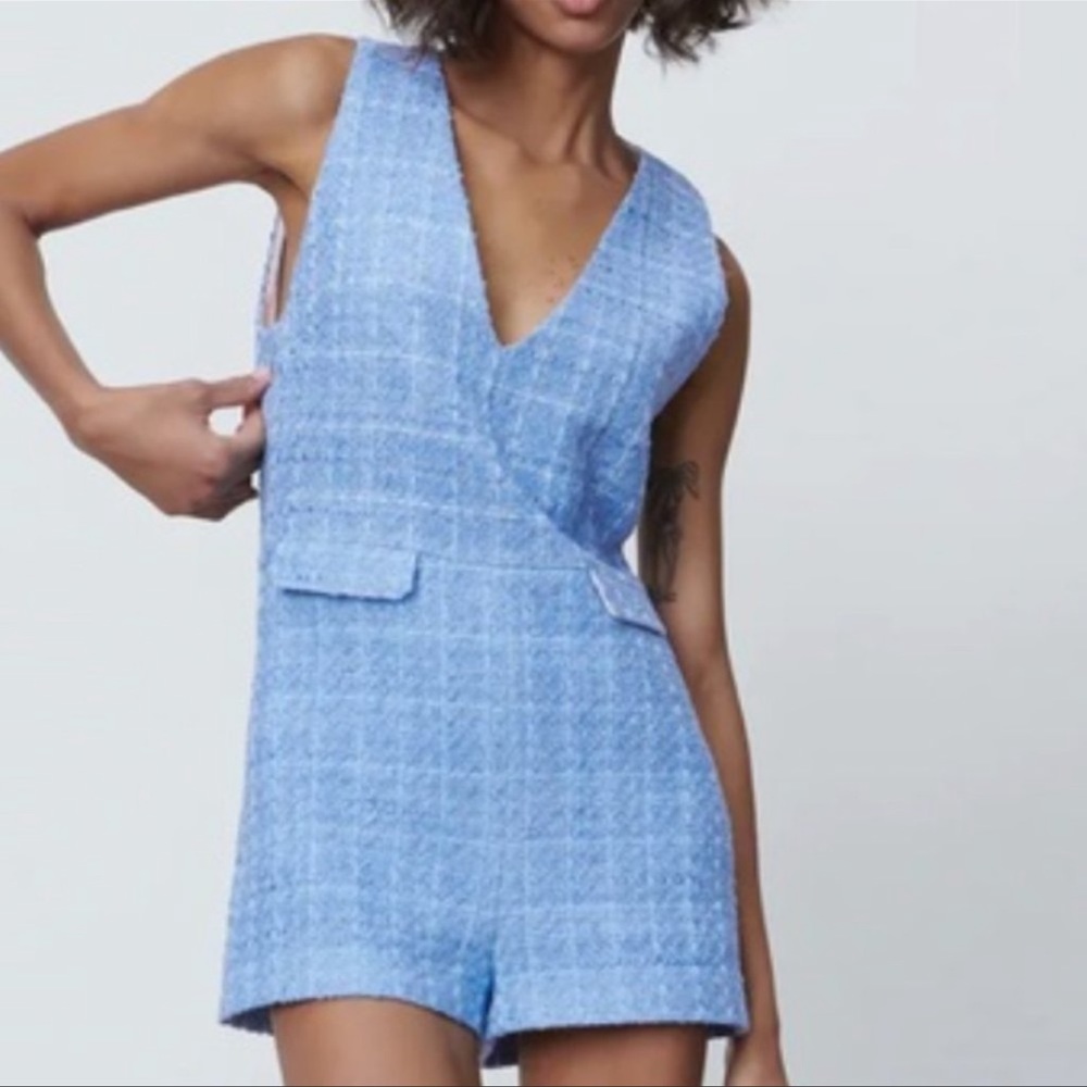 ZARA SHORT TEXTURED WEAVE ROMPER IN BLUE
